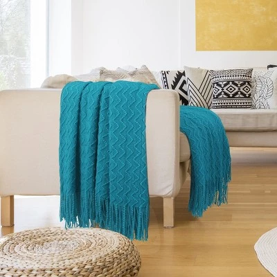 PiccoCasa 100% Acrylic Knit Wave Pattern Soft Tassels Fringe Lightweight Blanket 6 PiccoCasa 100% Acrylic Knit Wave Pattern Soft Tassels Fringe Lightweight Blanket - Image 4