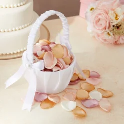 Juvale White Flower Girl Basket For Wedding Reception Rose Petals, Cute Satin Bowknot With Pearl Design (8.7 X 5.2 X 4.2 In)