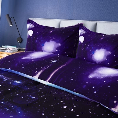 PiccoCasa Polyester Galaxy Sky Cosmos Night Pattern 3D Printed Duvet Cover Set With 2 Pillowcases 4 Pcs Queen Dark Purple 4 PiccoCasa Polyester Galaxy Sky Cosmos Night Pattern 3D Printed Duvet Cover Set With 2 Pillowcases 4 Pcs Queen Dark Purple - Image 2