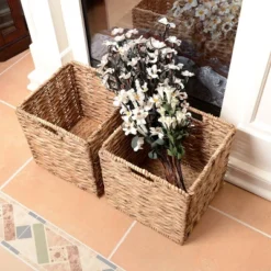 Set Of 2 Handmade Wicker Baskets - 12-Inch Square Foldable Storage Bins With Handles - Made Of Hand-Twisted Water Hyacinth By Villacera (Natural) -Baxton Studio Store GUEST 12a5ea46 ea47 4a5d a7d8 f666b432f6af