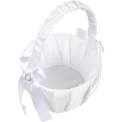 Juvale White Flower Girl Basket For Wedding Reception Rose Petals, Cute Satin Bowknot With Pearl Design (8.7 X 5.2 X 4.2 In) -Baxton Studio Store GUEST 12e95753 5f66 47d9 bb85 2e82f266ae2e