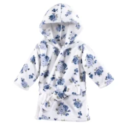 Luvable Friends Baby Girl Plush Bathrobe, Blue Floral, 0-9M