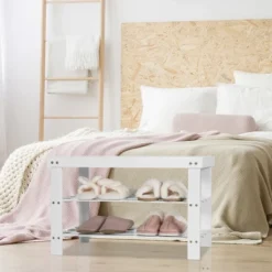 Costway Bamboo Shoe Rack Bench 3-Tier Storage Shelf Holder Home Entryway Hallway White -Baxton Studio Store GUEST 4ab88b6e e0b6 4d86 8434 f96aa5dbc108