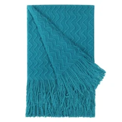 PiccoCasa 100% Acrylic Knit Wave Pattern Soft Tassels Fringe Lightweight Blanket