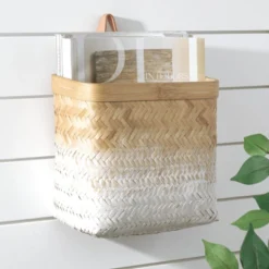 MDesign Woven Ombre Bamboo Hanging Wall Storage Organizer Basket, Natural/White