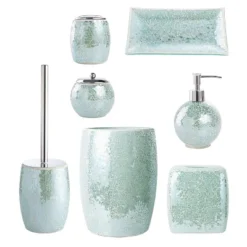 WHOLE HOUSEWARES Bathroom Accessory Set, 4-Piece Decorative Glass, Turquoise