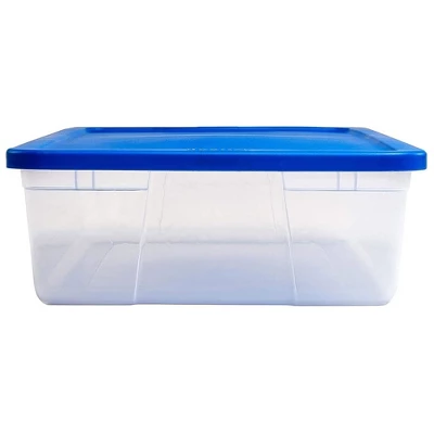 Homz 28 Quart Snaplock Clear Plastic Storage Tote Container Bin With Secure Lid And Handles For Home And Office Organization, Blue (2 Pack) 4 Homz 28 Quart Snaplock Clear Plastic Storage Tote Container Bin With Secure Lid And Handles For Home And Office Organization, Blue (2 Pack) - Image 2