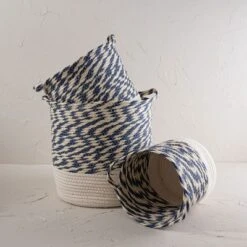 Set Of 3 White & Blue Baskets Cotton & Rope - Foreside Home & Garden