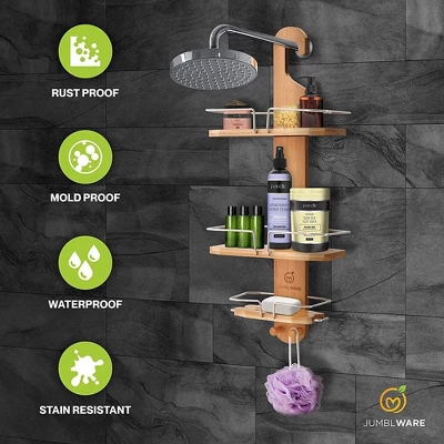 JumblWare Bamboo Shower Caddy, Hanging 3-Tier Shower Organizer 3 JumblWare Bamboo Shower Caddy, Hanging 3-Tier Shower Organizer