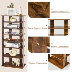 Costway Patented 7-Tier Double Shoe Rack Free Standing Shelf Storage Tower Rustic Brown -Baxton Studio Store GUEST 74cd8c18 5280 4e4c bac2 1852c8121287