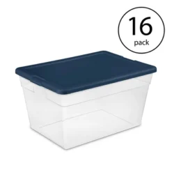 Sterilite Stackable 56 Quart Clear Home Storage Box With Handles And Marine Blue Lid For Efficient, Space Saving Storage And Organization (16 Pack)