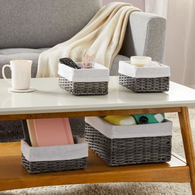 Farmlyn Creek Set Of 4 Wicker Storage Baskets With Liners For Shelves, Decorative Woven Nesting Bins For Organizing Pantry, 2 Sizes (Grey) 3 Farmlyn Creek Set Of 4 Wicker Storage Baskets With Liners For Shelves, Decorative Woven Nesting Bins For Organizing Pantry, 2 Sizes (Grey)