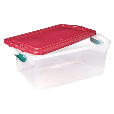 Homz 64 Quart Holiday Seasonal Decor Decoration Organizer Plastic Storage Bin Container With Red Tight Latching Lid And Green Handles, 6 Pack 4 Homz 64 Quart Holiday Seasonal Decor Decoration Organizer Plastic Storage Bin Container With Red Tight Latching Lid And Green Handles, 6 Pack - Image 2