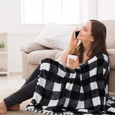 PiccoCasa Plaid Throw Blanket With Pom Poms Tartan Checkered Fleece Blanket 3 PiccoCasa Plaid Throw Blanket With Pom Poms Tartan Checkered Fleece Blanket