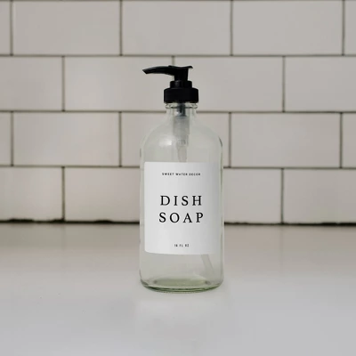 Sweet Water Decor Clear Glass White Text Label Dish Soap Dispenser - 16oz 4 Sweet Water Decor Clear Glass White Text Label Dish Soap Dispenser - 16oz - Image 2