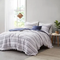 4pc Full/Queen Ansley Striped Organic Cotton Yarn Dyed Comforter Cover Set Indigo - Clean Spaces