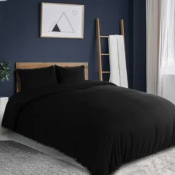 PiccoCasa Duvet Cover Set With Pompoms 110gsm Brushed Microfiber Bedding Set With 2 Pillowcase