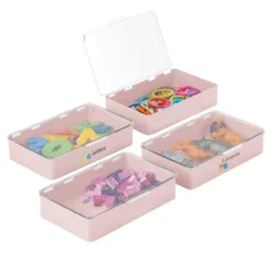 MDesign Small Plastic Stacking Organizer Toy Bin Box, 4 Pack + 32 Labels