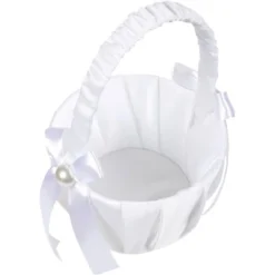Juvale White Flower Girl Basket For Wedding Reception Rose Petals, Cute Satin Bowknot With Pearl Design (8.7 X 5.2 X 4.2 In) -Baxton Studio Store GUEST b5dbca3f 60b1 4af0 820c 4b499379fc96
