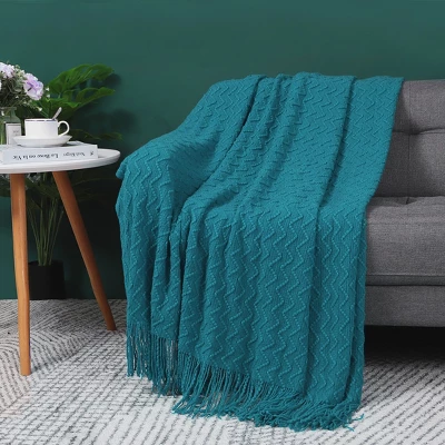 PiccoCasa 100% Acrylic Knit Wave Pattern Soft Tassels Fringe Lightweight Blanket 4 PiccoCasa 100% Acrylic Knit Wave Pattern Soft Tassels Fringe Lightweight Blanket - Image 2