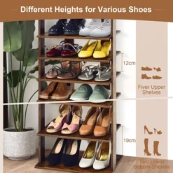 Costway Patented 7-Tier Double Shoe Rack Free Standing Shelf Storage Tower Rustic Brown -Baxton Studio Store GUEST d028246f 41ad 45de a04b d1d7499753c0