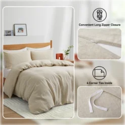 Peace Nest Luxurious 100% Premium Flax Linen Duvet Cover And Pillow Sham Set Moisture-Wicking And Breathable