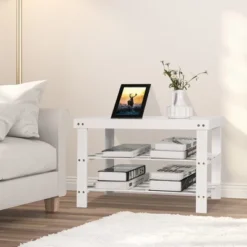 Costway Bamboo Shoe Rack Bench 3-Tier Storage Shelf Holder Home Entryway Hallway White -Baxton Studio Store GUEST e2912744 608a 4ebf ae61 823b1d5630ab