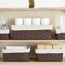 Juvale 5-Pcs Brown Small Rectangular Woven Nesting Baskets, Lined Wicker Set For Organizing Closet, Kitchen, Pantry Shelves, Bathroom (3 Sizes)