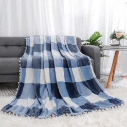 PiccoCasa Flannel Pom-Pom Tartan Checkered Fleece Throw Blanket 1Pc -Baxton Studio Store GUEST e9be638f 2946 4a5b a4ff 14e8de58814a