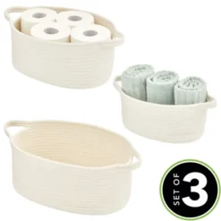 MDesign Casual Woven Cotton Rope Bathroom Basket With Handles, Set Of 3