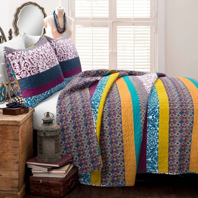 Lush Décor 3pc Boho Stripe Reversible Oversized Cotton Quilt Set 3 Lush Décor 3pc Boho Stripe Reversible Oversized Cotton Quilt Set