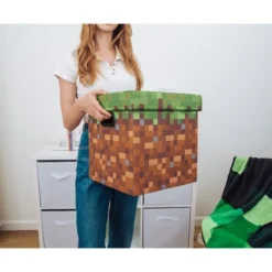 Ukonic Minecraft Grassy Block Fabric Storage Bin Cube Organizer With Lid | 13 Inches -Baxton Studio Store GUEST f0b0e7ec 34d0 4221 b1f2 2c1b4cca0534